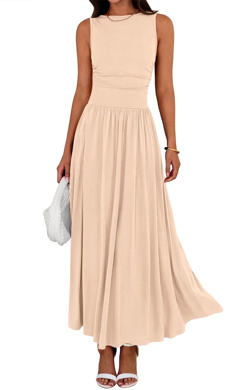 BTFBM Summer Maxi Dresses for Women 2026 Spring Sleeveless Casual Ruched High Waisted Long Sundress Flowy Beach Dress(Beige, Small) - Image 1