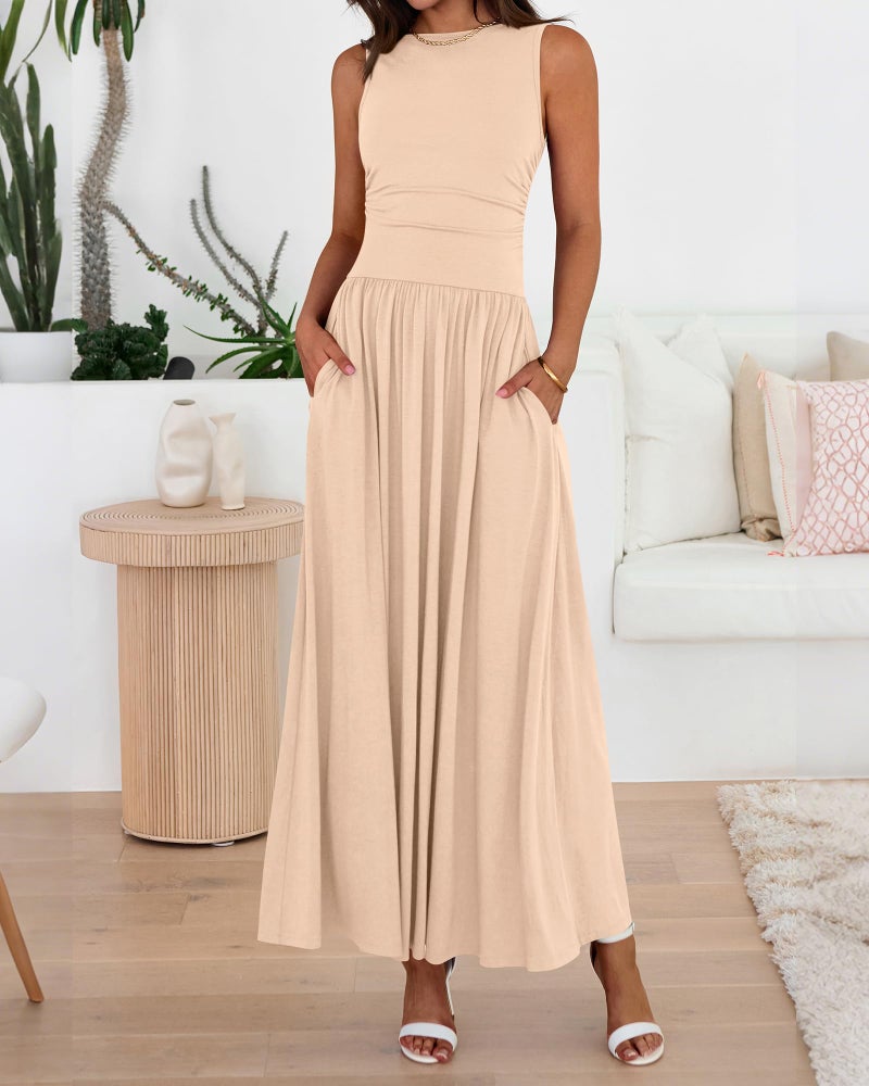 BTFBM Summer Maxi Dresses for Women 2026 Spring Sleeveless Casual Ruched High Waisted Long Sundress Flowy Beach Dress(Beige, Small) - Image 4