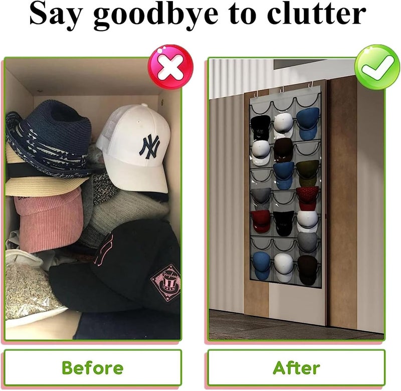 JCZD Baseball Hat Rack, 24 Pocket Over The Door Cap Organizer with Clear Deep Pockets to Display Baseball Caps Collection, Complete with 3 Over Door Hooks (Light Gray) - Image 5