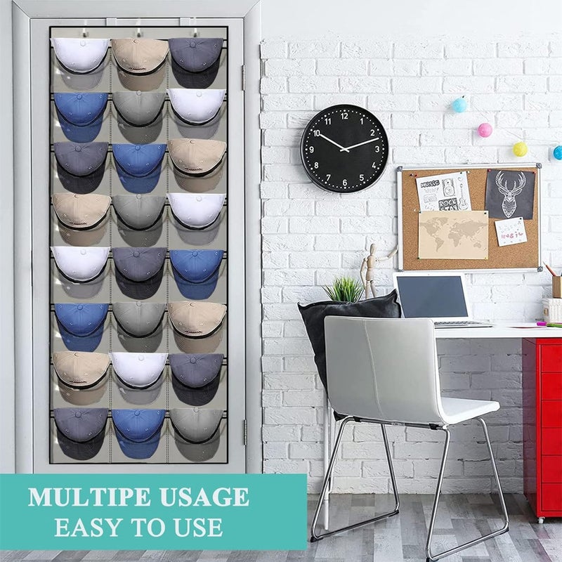 JCZD Baseball Hat Rack, 24 Pocket Over The Door Cap Organizer with Clear Deep Pockets to Display Baseball Caps Collection, Complete with 3 Over Door Hooks (Light Gray) - Image 4