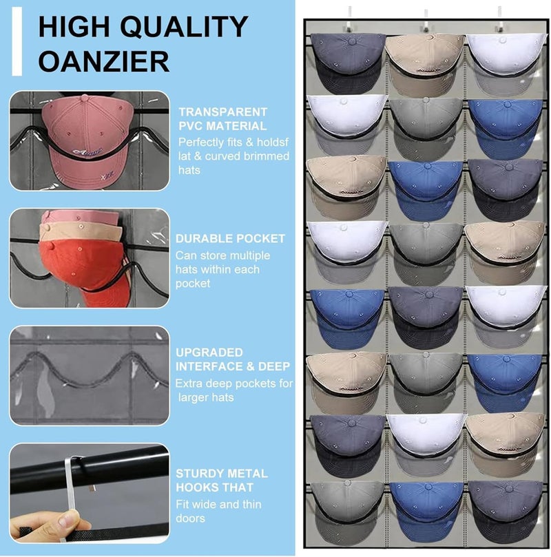 JCZD Baseball Hat Rack, 24 Pocket Over The Door Cap Organizer with Clear Deep Pockets to Display Baseball Caps Collection, Complete with 3 Over Door Hooks (Light Gray) - Image 3