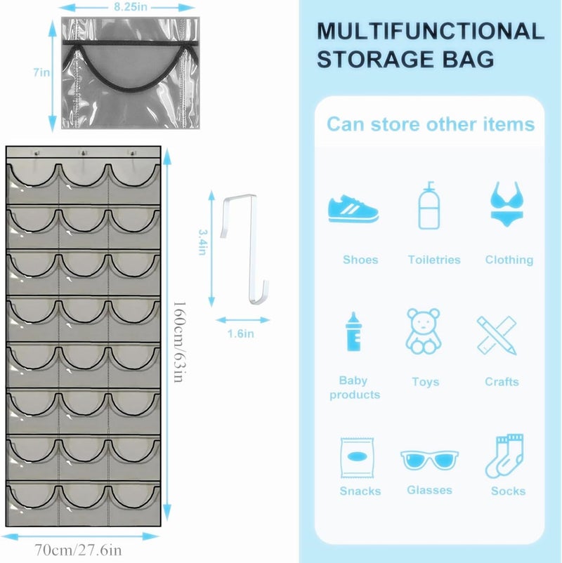 JCZD Baseball Hat Rack, 24 Pocket Over The Door Cap Organizer with Clear Deep Pockets to Display Baseball Caps Collection, Complete with 3 Over Door Hooks (Light Gray) - Image 2