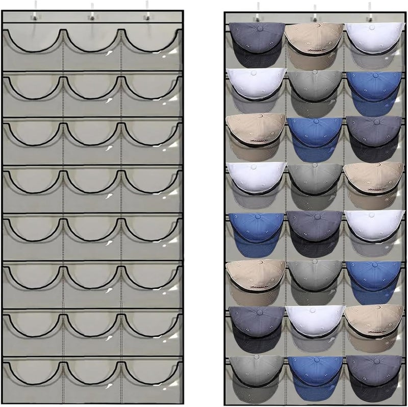 JCZD Baseball Hat Rack, 24 Pocket Over The Door Cap Organizer with Clear Deep Pockets to Display Baseball Caps Collection, Complete with 3 Over Door Hooks (Light Gray) - Image 1
