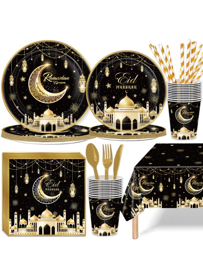  إيسو طقم أدوات مائدة إيسو للعيد - 193 قطعة طقم أطباق وعيدان ورقية رمضانية مع كؤوس ومناديل (لون أسود - يلائم 24 شخصًا) - Image 1