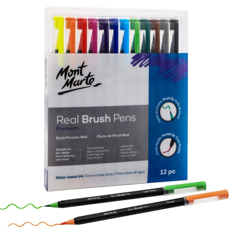Mont Marte Mont Marte Premium Real Brush Pens, 12pc Artist Coloring Set, Super Flexible Brush Tip, Perfect for Creating a Range of Strokes, Ideal for Art, Design, Lettering and Coloring - Image 1