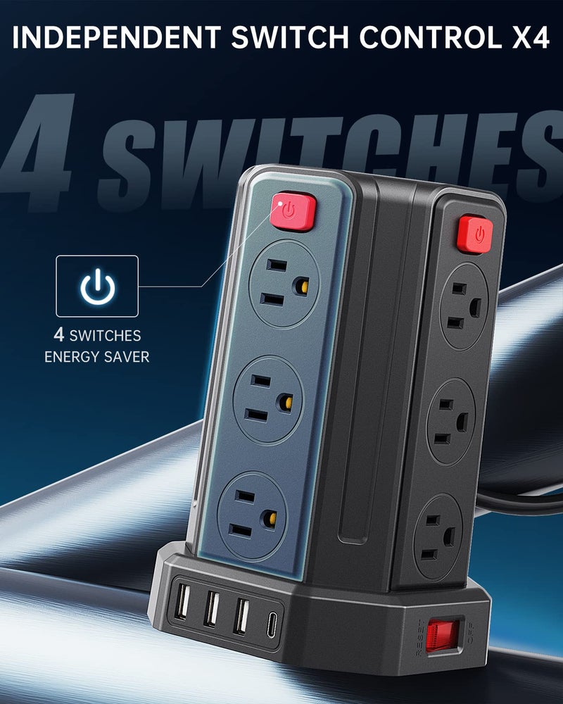 SMALLRT Power Strip Surge Protector, 10 Ft Extension Cord with 12 AC Multiple Outlets 4 USB (1 USB C), SMALLRT Power Tower Desktop Charging Station (Black, 10 FT) - Image 5