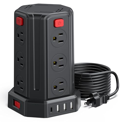 SMALLRT Power Strip Surge Protector, 10 Ft Extension Cord with 12 AC Multiple Outlets 4 USB (1 USB C), SMALLRT Power Tower Desktop Charging Station (Black, 10 FT) - Image 1