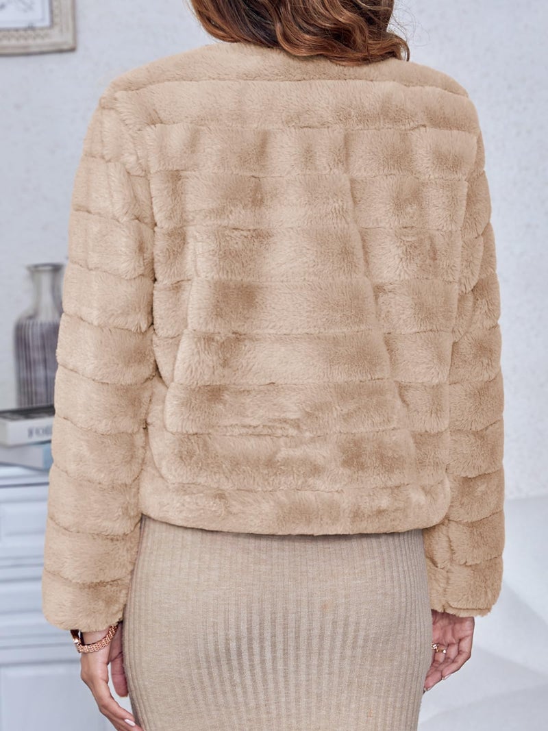 Fisoew Womens Cropped Faux Fur Jackets Long Sleeve Open Front Fluffy Short Coats - Image 2