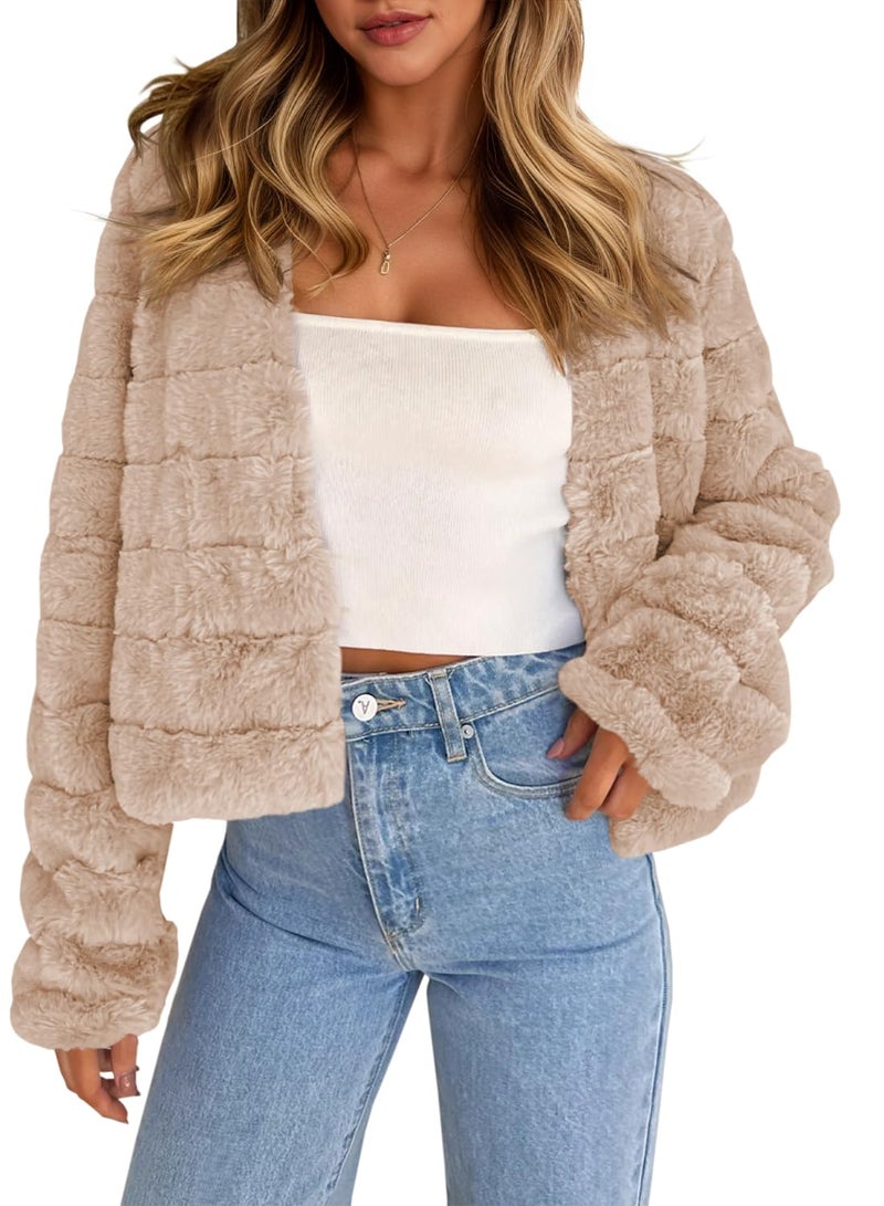 Fisoew Womens Cropped Faux Fur Jackets Long Sleeve Open Front Fluffy Short Coats - Image 1