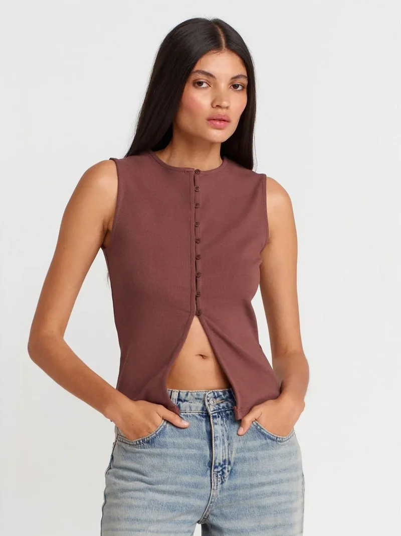 ديلفين DILVIN Ribbed Sleeveless Button-front Blouse