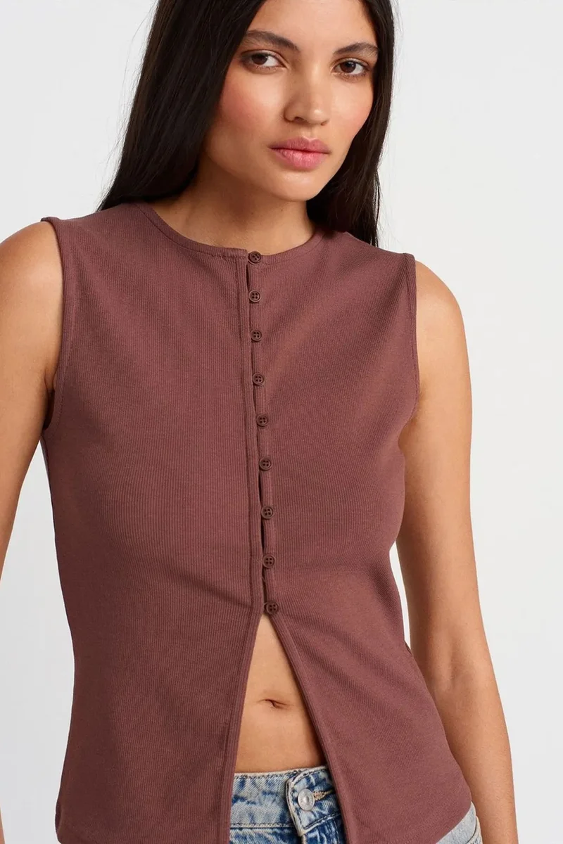 Dilvin Mocha Brown DILVIN Ribbed Sleeveless Button-front Blouse for Women | Best Price UAE