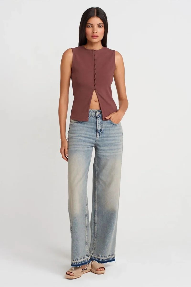 Dilvin Mocha Brown DILVIN Ribbed Sleeveless Button-front Blouse for Women | Best Price UAE