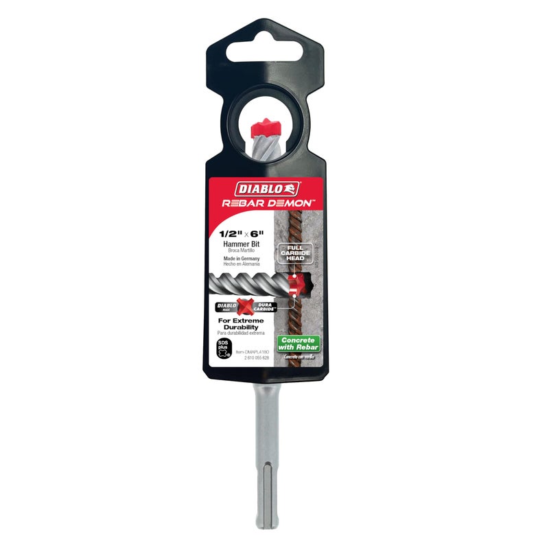 Diablo بت حفر مطرقة ديابلو ريبار ديمون SDS-Plus 4-قاطع رأس كامل من الكربيد - 1/2" قطر، 6" طول، 4" طول عمل - DMAPL4180 - Image 2