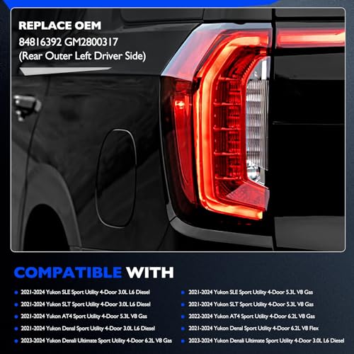 Misakomo Full LED Taillights - Brake Tail Light Compatible with 2021-2024 GMC Yukon SLE SLT AT4 Denal, Replace 84816392 - Driving Parking Reverse Brake Turn Signal Lighting - Rear Left Driver Outer Side LH - Image 5
