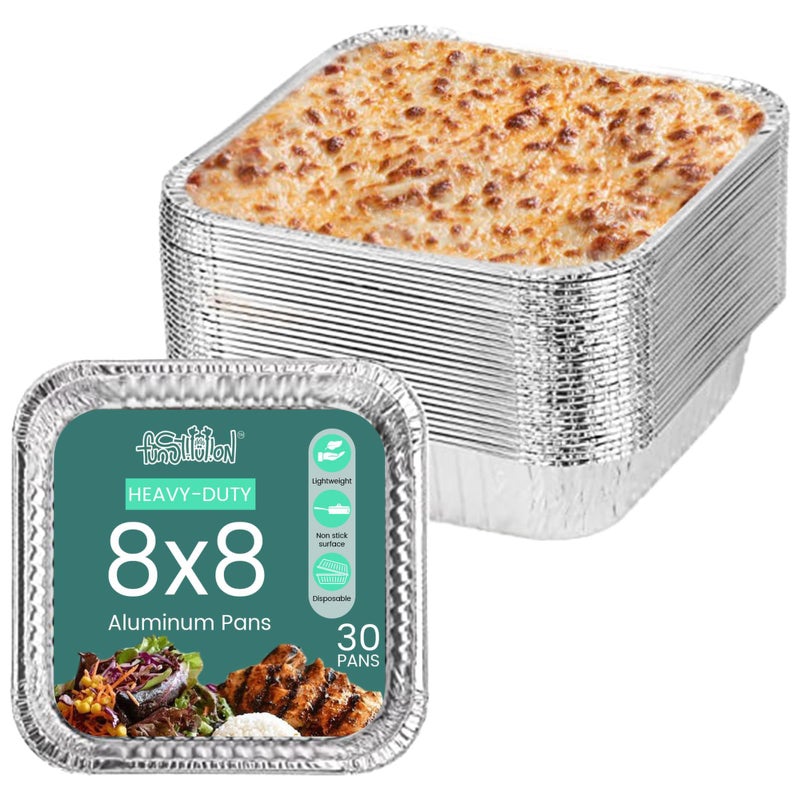 FUNSTITUTION Aluminum Foil Pans 8x8 Inches 30 Pack  Tin Foil Pans with High Heat Conductivity  Disposable Aluminum Tray Cookware For Baking Grilling Cooking Storing Prepping