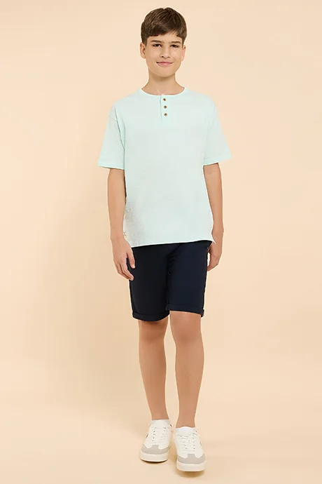 أر أند بي Textured T-Shirt with Henley Neck and Short Sleeves