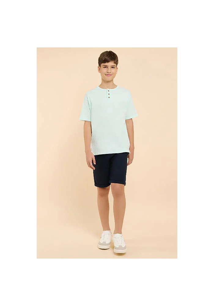 أر أند بي Textured T-Shirt with Henley Neck and Short Sleeves