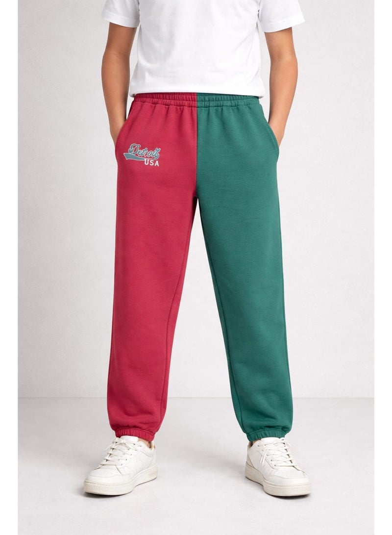 Jennyfer Detroit USA Colorblock SweatPants – Burgundy & Green, Elastic Waist - Image 1