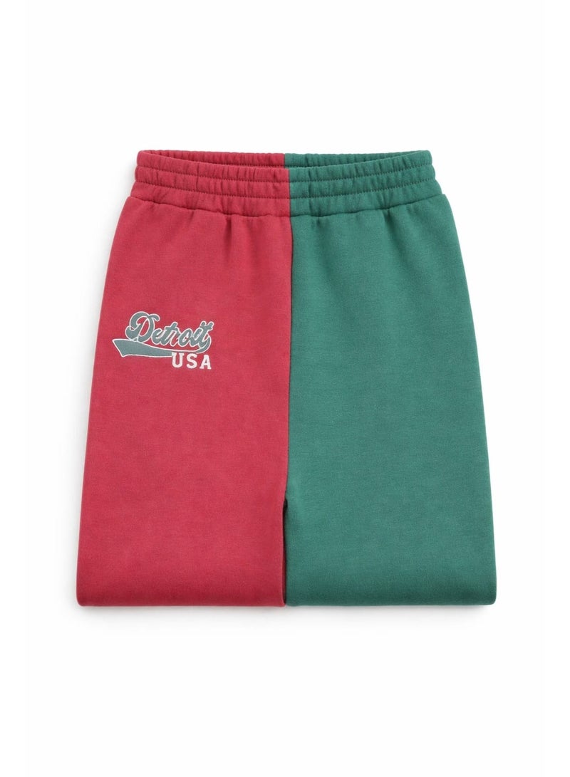 Jennyfer Detroit USA Colorblock SweatPants – Burgundy & Green, Elastic Waist - Image 2