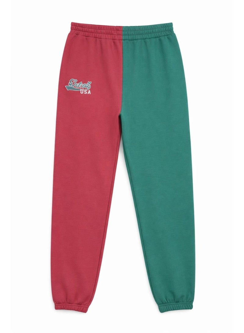 Jennyfer Detroit USA Colorblock SweatPants – Burgundy & Green, Elastic Waist - Image 3