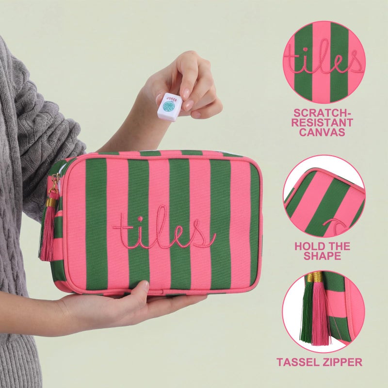 Sanwuta Mahjong Tile Bag With Zipper  Mahjong Bags For Tiles And Racks Mah Jong Storage Pouch For Board Game Pieces Game Party Travel Gatherings Accessories  9.4 X 6.1 X 3.1 Inch(Pink  Green Classic) - Image 3