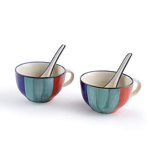 KITTENS Multicolour Handpainted Ceramic Bowls with Spoons – Set of 2, 300ml – BPA-Free, Microwave & Dishwasher Safe, Scratch Resistant – Ideal for Soup, Salad, Snacks & Gifting - Image 2