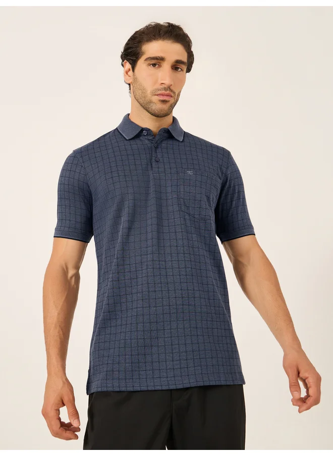 فورت كولينز Fort Collins Men Blue Checked Pocket Detail Polo T-Shirt