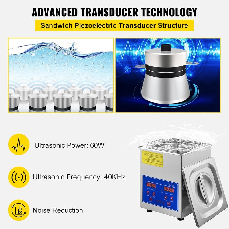VEVOR 2L Digital Ultrasonic Parts Cleaner with Timer 40kHz Professional 304 Stainless Steel Ultrasonic Cleaning Machine 110V for Jewelry Watch Glasses Diamond Eyeglass Small Parts Cleaning - Image 3