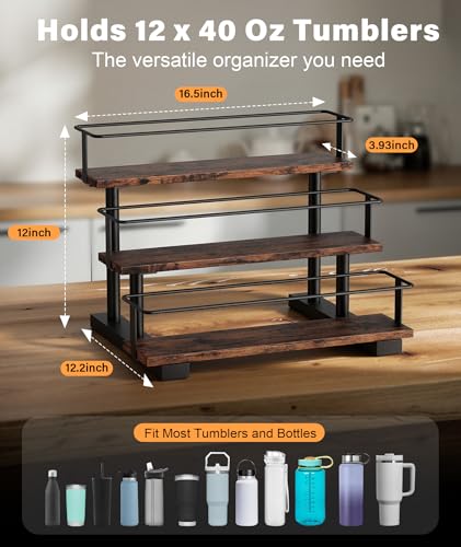 Wolera Stanley 40 oz Tumbler Compatible Organizer, 3-Tier Water Bottle Organizer with Wooden Shelves, Carbon Steel Rack Holds 12 Bottles, Kitchen & Bar Storage - Image 4