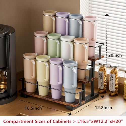 Wolera Stanley 40 oz Tumbler Compatible Organizer, 3-Tier Water Bottle Organizer with Wooden Shelves, Carbon Steel Rack Holds 12 Bottles, Kitchen & Bar Storage - Image 2