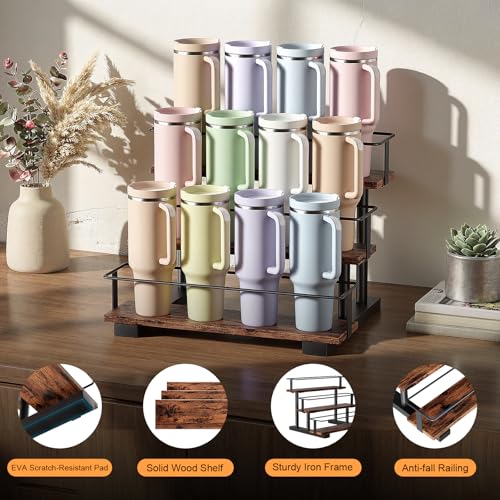Wolera Stanley 40 oz Tumbler Compatible Organizer, 3-Tier Water Bottle Organizer with Wooden Shelves, Carbon Steel Rack Holds 12 Bottles, Kitchen & Bar Storage - Image 3
