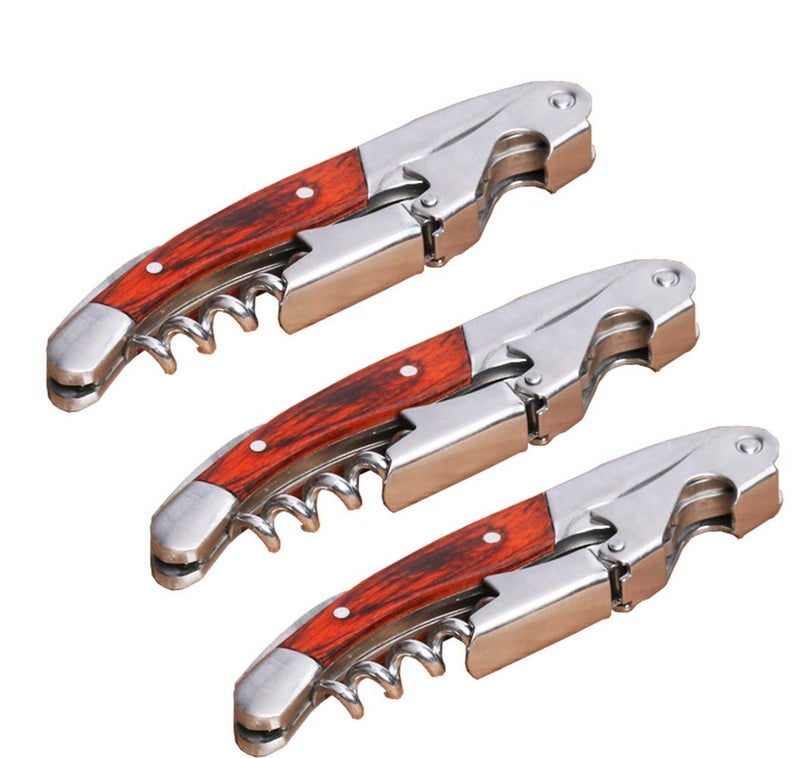 Kit-Home Professional Waiter Corkscrew Wine Key for Bartenders Set of 3With Long Rosewood Handle Stainless Steel Handle Wine Opener for Bar Restaurant Waiters Sommelier Bartend Long Wood 3 Packs 