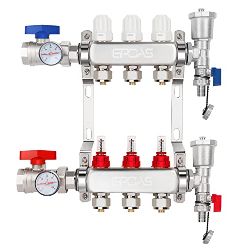 GPOAS 3-Branch Radiant Floor Heating PEX Manifold Set 3 Loop 1/2 Inch Stainless Steel PEX Tube,For Hydronic Radiant Floor Heating - Image 1