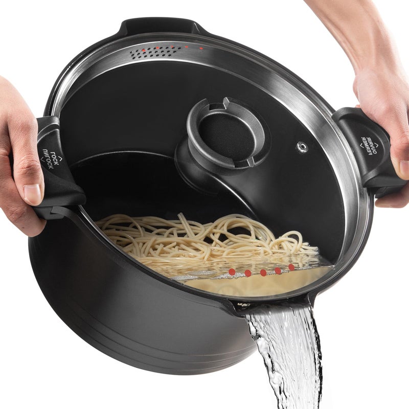 85qt Pasta Pot with Strainer Lid Cast Aluminum Stockpot Multipot Nonstick Ceramic Coating make Cleanup easy with Tempered Glass Lid Dishwasher Safe Induction Black Black 85 Quarts