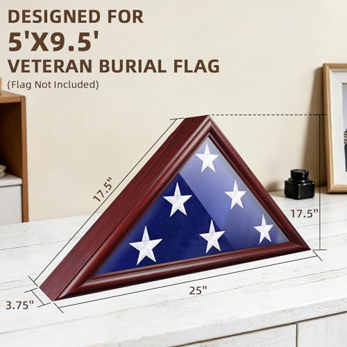 ASmileIndeep Flag Display Case - 5' x 9.5' Funeral & Military Flag Shadow Box with HD Tempered Glass and Wall Mount, Folded Triangle Flag Holder Frame for Veterans, Red - Image 3