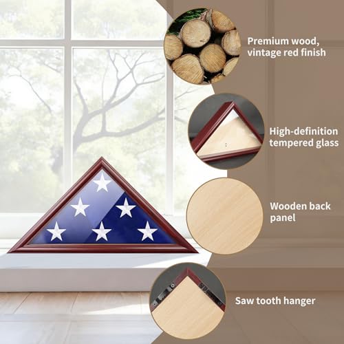 ASmileIndeep Flag Display Case - 5' x 9.5' Funeral & Military Flag Shadow Box with HD Tempered Glass and Wall Mount, Folded Triangle Flag Holder Frame for Veterans, Red - Image 4