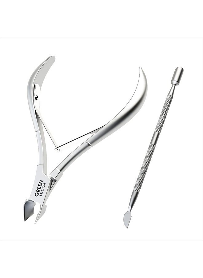 GREEN ESTETICA Professional Cuticle Trimmer Nail Cuticle Cutter Stainless Steel Cuticle Nippers with Sharp Blades of Cuticle Clippers Manicure Tools with Double Spring for Nail Care Pedicure Nail Tools (Silver)  - Image 1