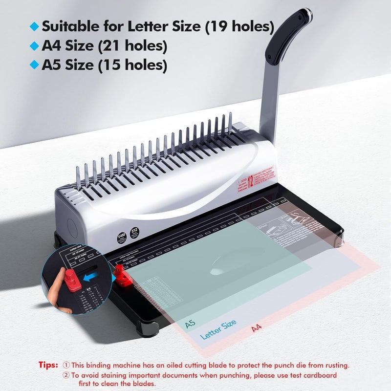 Makeasy Binding Machine, 21-Hole, 450 Sheets, Comb Binding Machines with 1 Box Comb Bindings Spines, Comb Binder for Letter Size, A4, A5 Paper - Image 2