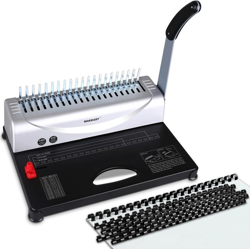 Makeasy Binding Machine, 21-Hole, 450 Sheets, Comb Binding Machines with 1 Box Comb Bindings Spines, Comb Binder for Letter Size, A4, A5 Paper - Image 1