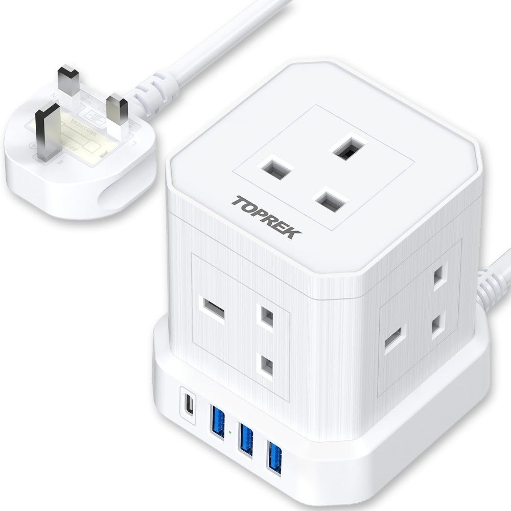 Cube Extension Lead with USB Slots 5-Way Power Strip with 5 AC Outlets 4 USB Ports 20W PD 3.0 Fast Charging 1 Master Switch 2M Extension Cord 3250W/ 13A UK Plug For Desk, Home, Office, Travel