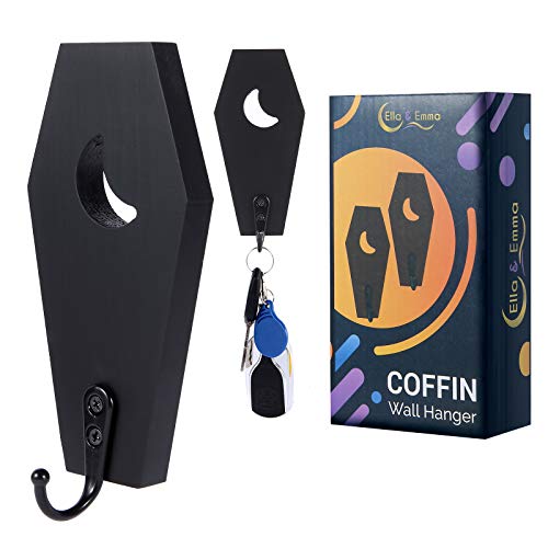 Ella & Emma Wall Mounted Coffin-Shaped Key Holder - Gothic Home Decor Wall Hanger with Hook - Gothic & Spooky Halloween Decor for Home - 2 Pieces (Coffin & Moon) - Image 1