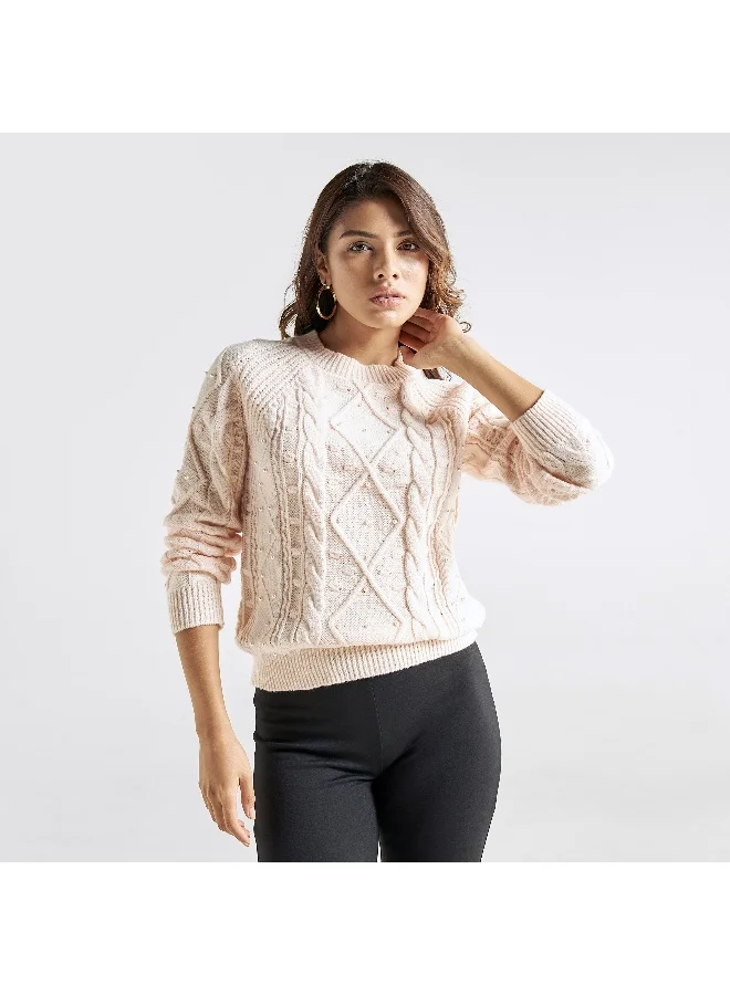 Splash FAV Pearls Embellished Cable Knit Sweater with Crew Neck and Long Sleeves