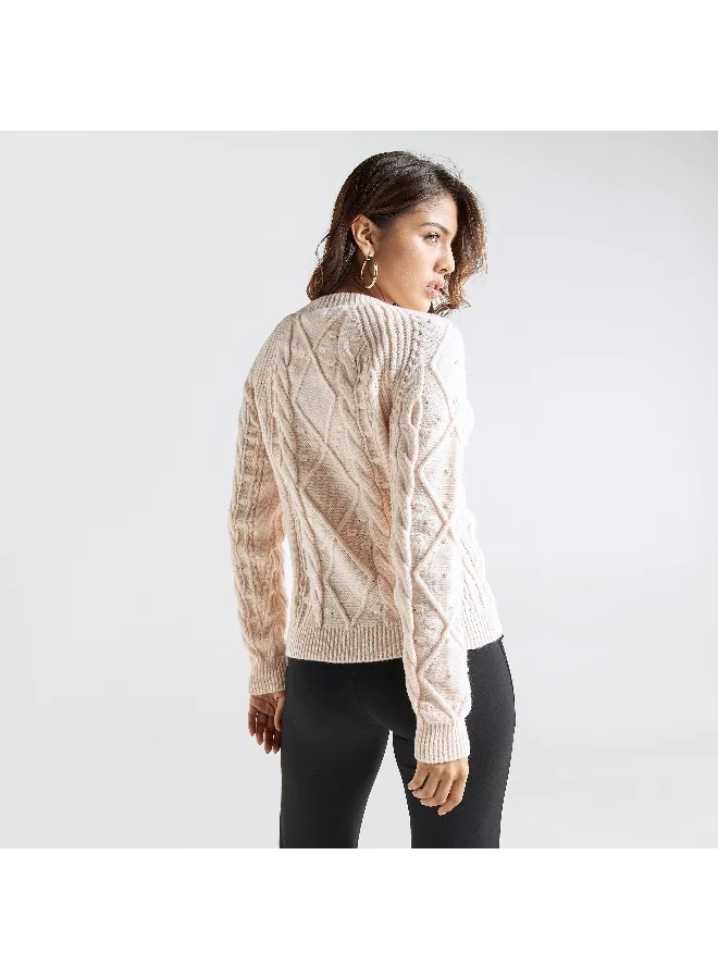 Splash FAV Pearls Embellished Cable Knit Sweater with Crew Neck and Long Sleeves