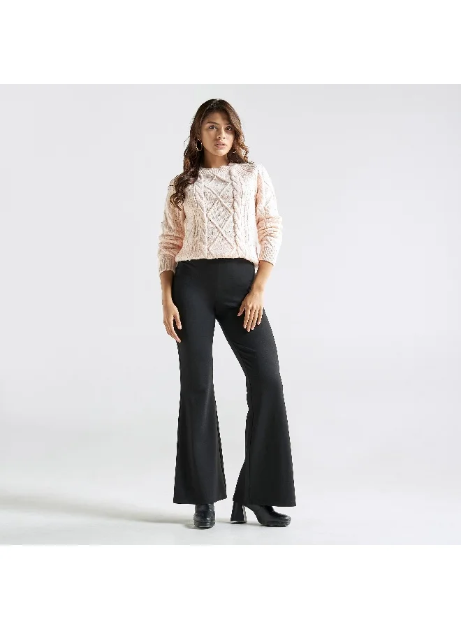 Splash FAV Pearls Embellished Cable Knit Sweater with Crew Neck and Long Sleeves