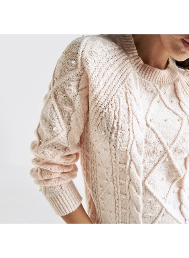 Splash FAV Pearls Embellished Cable Knit Sweater with Crew Neck and Long Sleeves