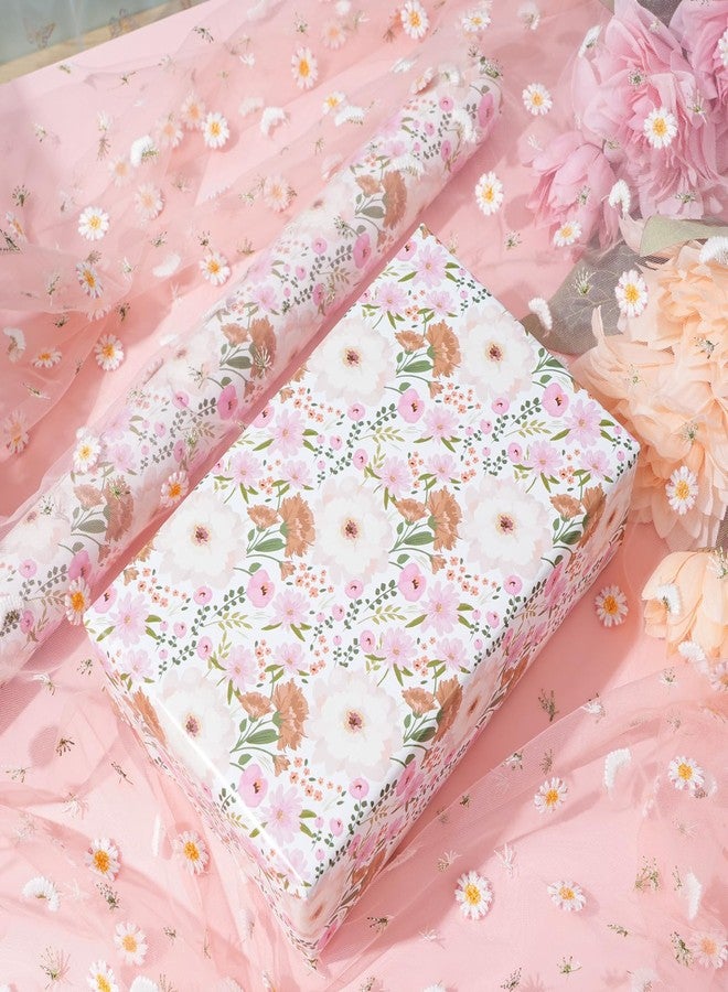 ZINTBIAL White and Pink Floral Wrapping Paper Roll for Wedding, Bridal Shower, Birthday - Peonies and Daisies Design, 17x16.5 Feet with Cut Lines, Gift Wrap for Mother's Day - Image 5