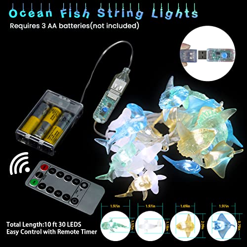JASHIKA Ocean Themed Marine Life Fairy String Lights, Nautical Décor Beluga Manta Ray Sunfish Whale Shark Cute Decorative Lights USB Operated 30 LEDs 10ft for Bedroom Christmas Tree Ornaments Holiday Party - Image 4