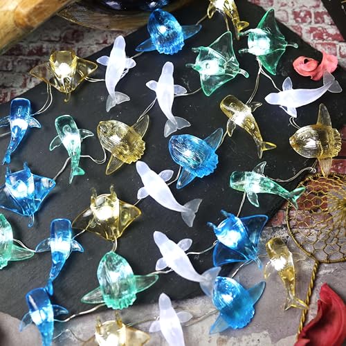JASHIKA Ocean Themed Marine Life Fairy String Lights, Nautical Décor Beluga Manta Ray Sunfish Whale Shark Cute Decorative Lights USB Operated 30 LEDs 10ft for Bedroom Christmas Tree Ornaments Holiday Party - Image 2