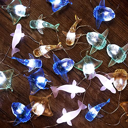 JASHIKA Ocean Themed Marine Life Fairy String Lights, Nautical Décor Beluga Manta Ray Sunfish Whale Shark Cute Decorative Lights USB Operated 30 LEDs 10ft for Bedroom Christmas Tree Ornaments Holiday Party - Image 1