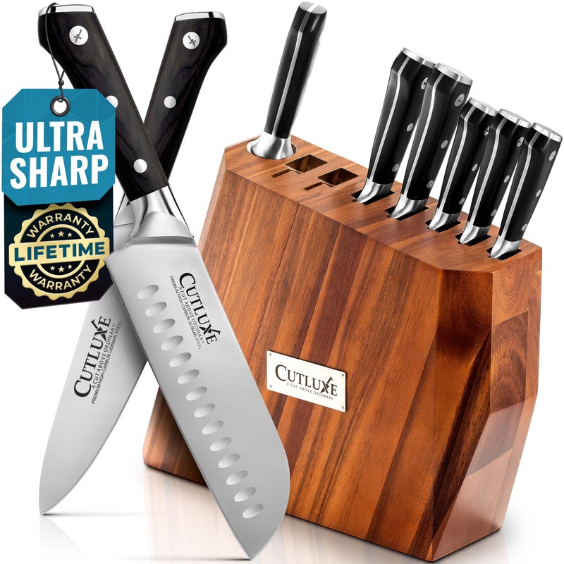 Cutluxe Kitchen Knife Set  8Pcs Professional Chef Knife Set with Block  Razor Sharp Knives with Full Tang Design High Carbon German Steel Natural Acacia Wood Block  Artisan Series